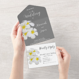 Weiße Frangipani-Blume, mittelgrau, Hochzeit All In One Einladung