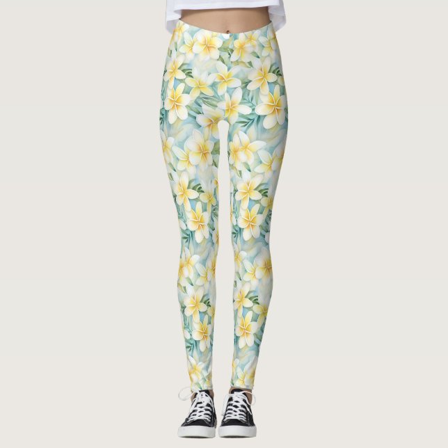 Weiße Frangipani-Blume Multiprint-Leggings Leggings (Vorderseite)