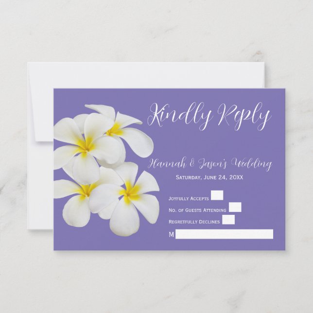Weiße Frangipani-Blume, Periwinkle, RSVP Wedding Dankeskarte (Vorderseite)