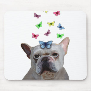 Weiße französische Bulldogge und Schmetterlinge Mousepad