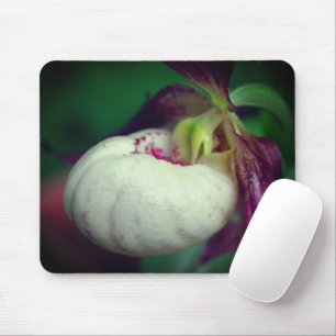 Weiße Frauenschuh-Orchideenblüte Mousepad