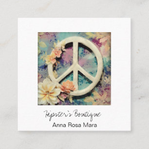 *~* Weiße Friedenszeichen Blumen Grunge Boho AP57  Quadratische Visitenkarte