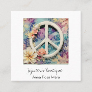 *~* Weiße Friedenszeichen-Blumen-Grunge-Boho AP57 Quadratische Visitenkarte