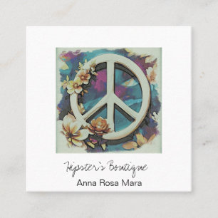 *~* Weiße Friedenszeichen-Blumen-Grunge-QR-Boho AP Quadratische Visitenkarte