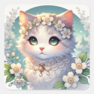 Weiße Frühlingsblumen Princess Cat Quadratischer Aufkleber