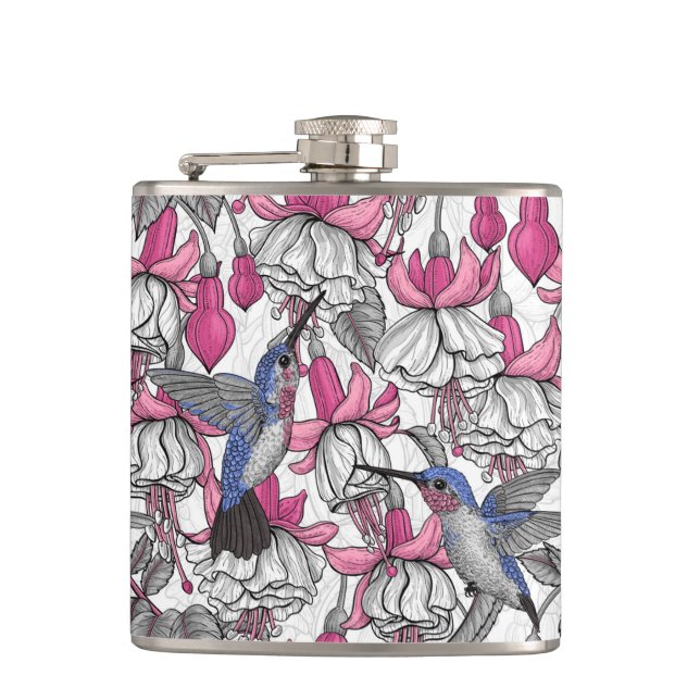 Weiße Fuchsie und Kolibris Flachmann (Vorderseite)