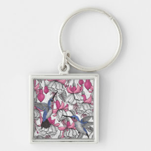 Weiße Fuchsie und Kolibris Schlüsselanhänger