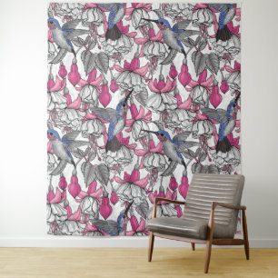 Weiße Fuchsie und Kolibris Wandteppich