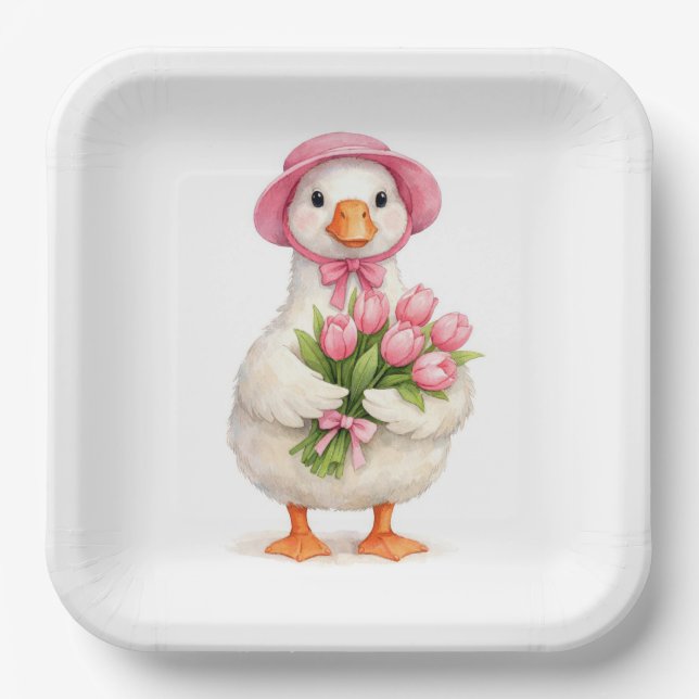Weiße Gans hält rosa Tulpenstrauß Pappteller (Vorderseite)