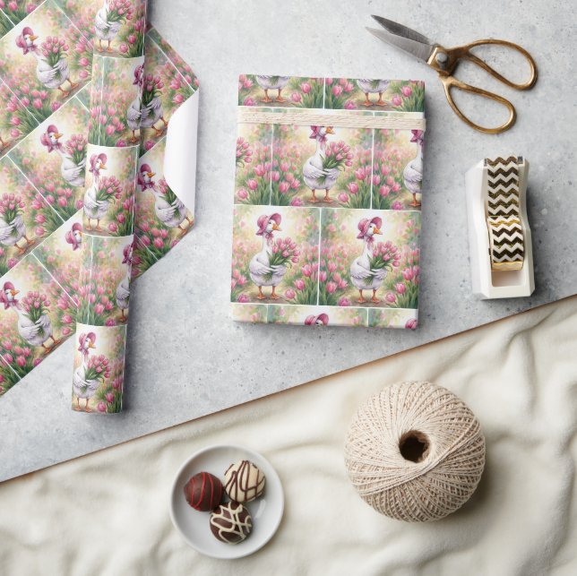 Weiße Gans mit rosa Tulpen Geschenkpapier (Kunsthandwerk)