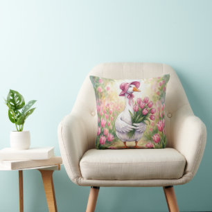 Weiße Gans mit rosa Tulpen Kissen