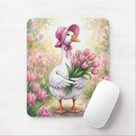 Weiße Gans mit rosa Tulpen Mousepad