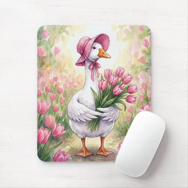 Weiße Gans mit rosa Tulpen Mousepad (Mit Mouse)