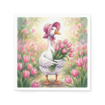 Weiße Gans mit rosa Tulpen