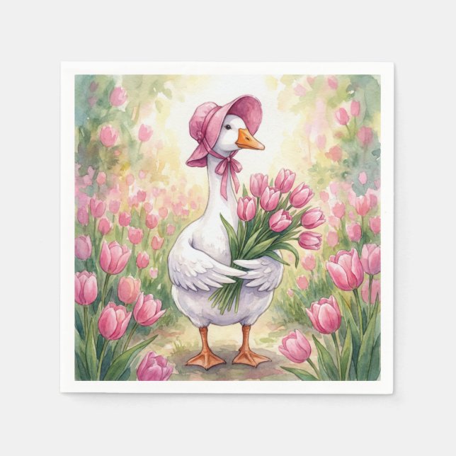 Weiße Gans mit rosa Tulpen Serviette (Vorderseite)