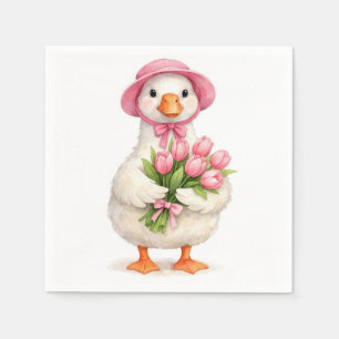 Weiße Gans mit rosa Tulpenstrauß Serviette