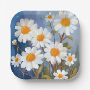 Weiße Gänseblümchen Aquarell Blumen Gemalt Pappteller