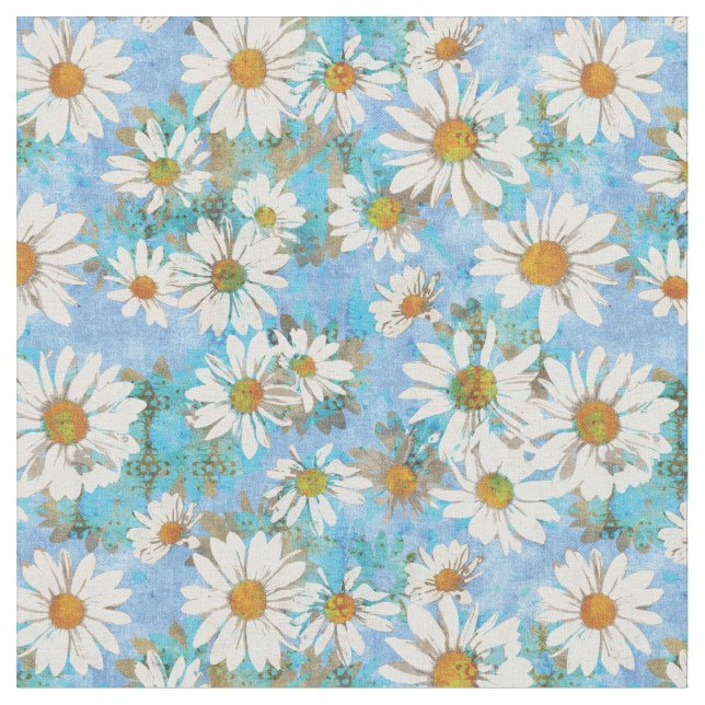 Weiße Gänseblümchen auf blauem Blumenmuster Stoff (Nahaufnahme)