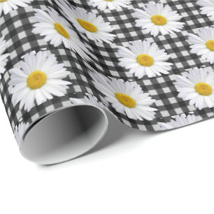 Weiße Gänseblümchen auf Gingham Geschenkpapier