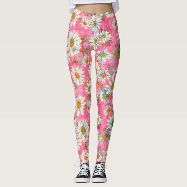 Weiße Gänseblümchen auf rosa Blumenmuster Leggings (Vorderseite)