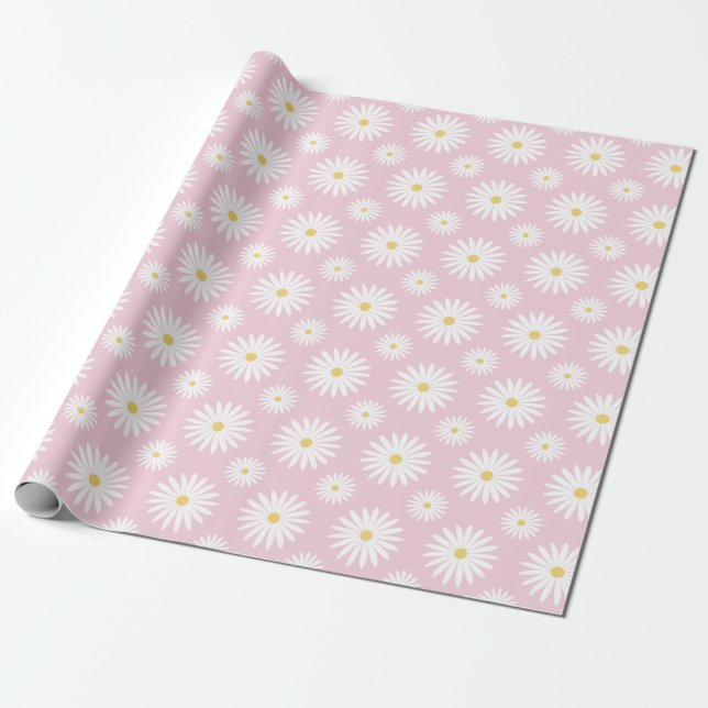 Weiße Gänseblümchen auf Rosa Geschenkpapier (Ungerollt)