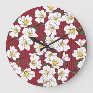Weiße Gartenblumen: Vintage-Streifen Große Wanduhr