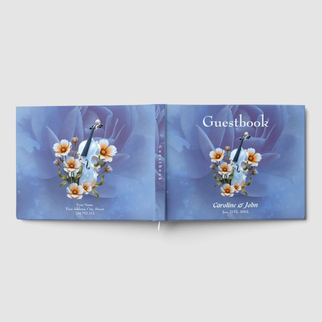 Weiße Geige mit Blume - Elegante Musik und Natur Gästebuch (Voll)