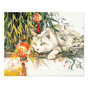 Weiße Geisha-Katze in einem Bambuswald Chinesische Fotodruck