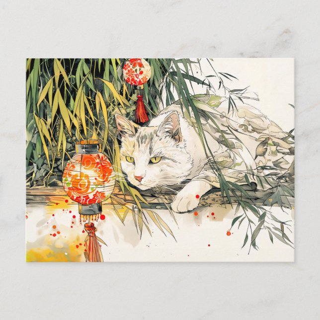 Weiße Geisha Katze mit Chinesischem Tinte in Bambo Postkarte (Vorderseite)