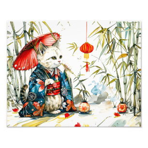 Weiße Geisha-Katze mit rotem Schirm im Bambuswald Fotodruck