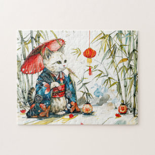 Weiße Geisha-Katze mit rotem Schirm im Bambuswald Puzzle