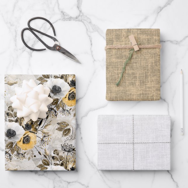 Weiße, gelbe Anemone auf graubraunem Hintergrund. Geschenkpapier Set (Vorderseite)