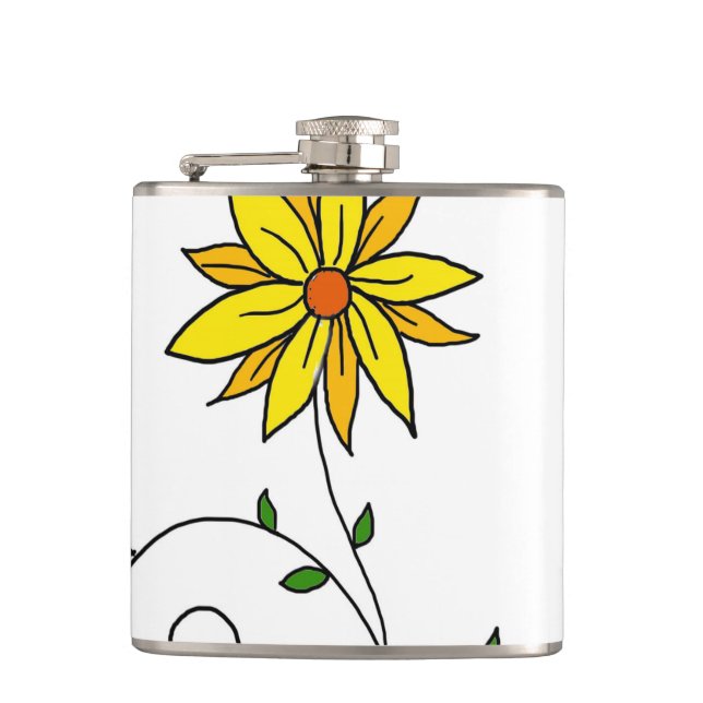 Weiße gelbe Blume Doodle Art Flachmann (Vorderseite)