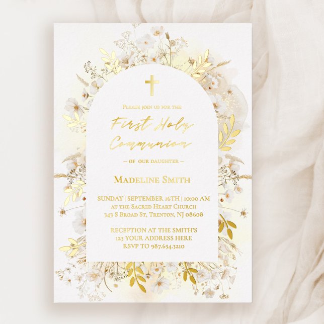 Weiße gelbe Blumen Erste Heilige Kommunion Folieneinladung (Von Creator hochgeladen)