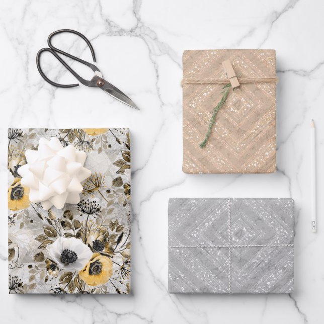 Weiße, gelbe Blumen Geschenkpapier Set (Vorderseite)