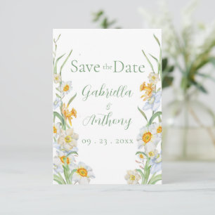 Weiße & gelbe Narzissen-Blumen grüne Schrift Save The Date