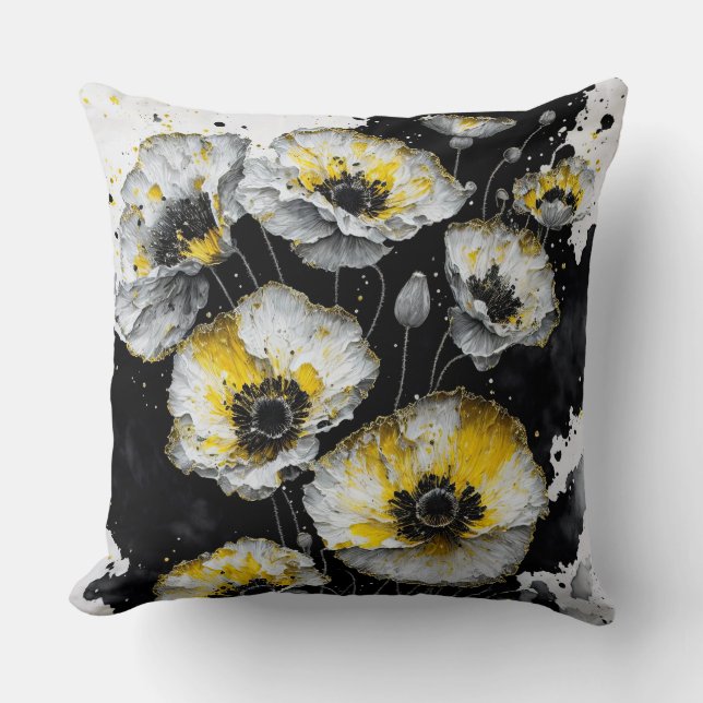 Weiße, gelbe und schwarze Mohnchen Kissen (Vorderseite)