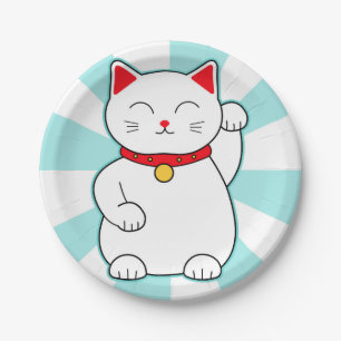 Weiße glückliche Katze Pappteller