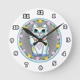 Weiße Glückskatze-Uhr Runde Wanduhr