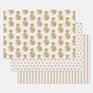 Weiße Gold-Ananas-Punkte-Streifen-Einfarbig Geschenkpapier Set