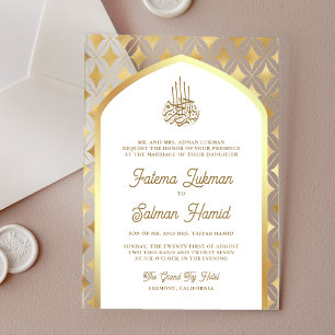 Weiße Gold Diamanten Bogen Muslimische Hochzeit Acryleinladungen
