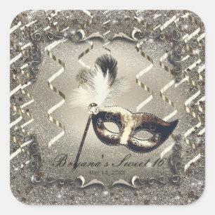 Weiße Gold-Maskerade-Maske Elegante Ballparty Quadratischer Aufkleber