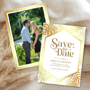 Weiße Gold-Tropenpalmen-Hochzeitsfoto Save The Date