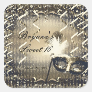 Weiße Gold- und Bronze-Masquerade-Maske-Birthday-P Quadratischer Aufkleber