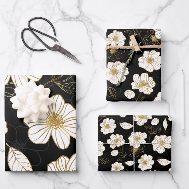 Weiße goldene Blüte in Schwarz Geschenkpapier Set (Vorderseite)