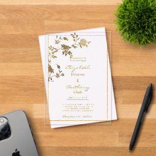 Weiße goldene, elegante Blumen-Luxus Hochzeit Acryleinladungen