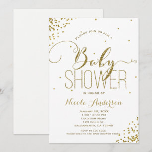 Weiße & Goldene Glamour Glitter Ecken BABY SHOWER Einladung