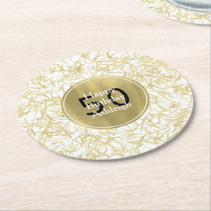 Weiße Goldene Glamour Konfetti 50. Geburtstag Runder Pappuntersetzer