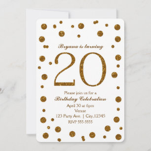 Weiße & goldene Glitterpunkte 20. 20. Geburtstagsf Einladung