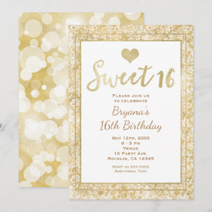 Weiße & Goldene Herz-Glamour-SWEET-16-Party-Einlad Einladung